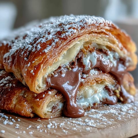 Luxurious Dubai Chocolate Pistachio Croissant French Toast with melted dark chocolate and crushed pistachios on top.