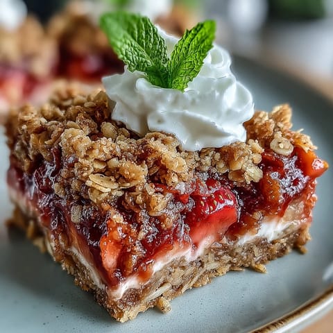 A golden oat crumble topping crowns these strawberry rhubarb bars, with juicy fruit peeking through for a tempting spring dessert.