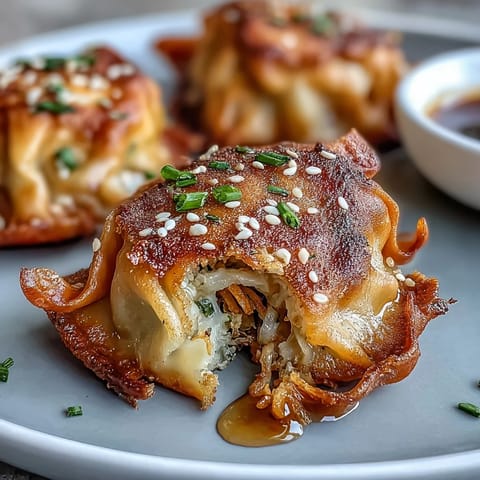 Crispy cabbage dumplings sizzling golden brown in a pan, served with fragrant ginger soy dipping sauce.  