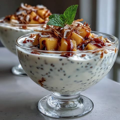 Creamy mango chia pudding with coconut milk and fresh mango chunks, a tropical vegan breakfast or dessert.  