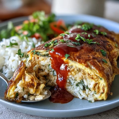 Savory ketchup rice ensconced in a cloud-like omelet, ready to be enjoyed.