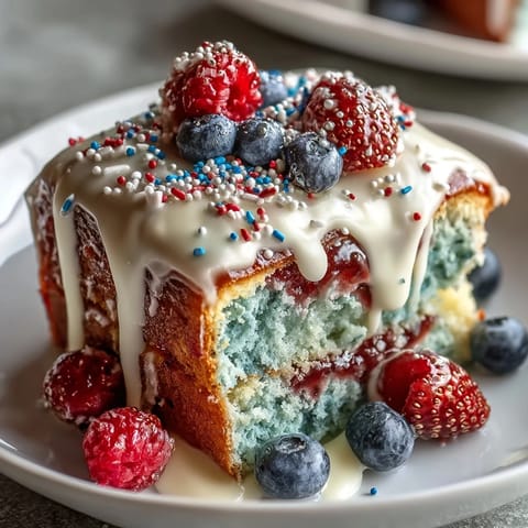 A vibrant Patriotic Poke Cake, boasting moist layers and sweet white chocolate topping.