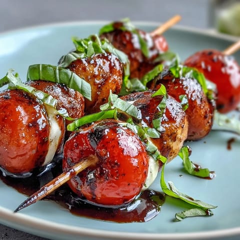 Mini Caprese salad skewers glistening with balsamic glaze, a vibrant, easy appetizer.