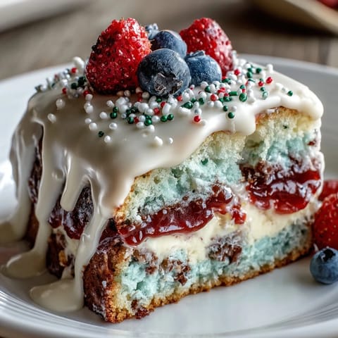 Decadent Patriotic Poke Cake with smooth white chocolate ganache, perfect for parties.