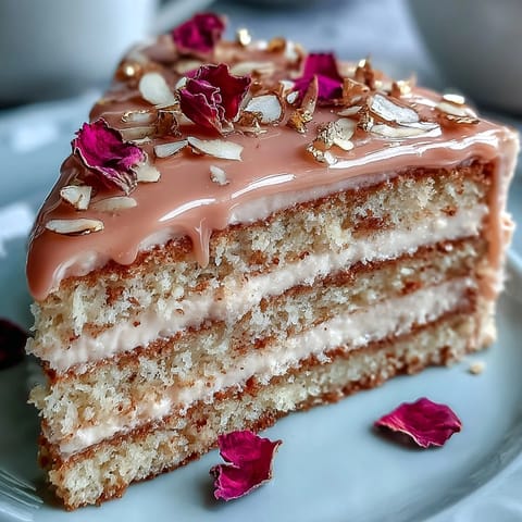 Elegant Bridal Shower Rosé Velvet Cake with glistening gold drip.