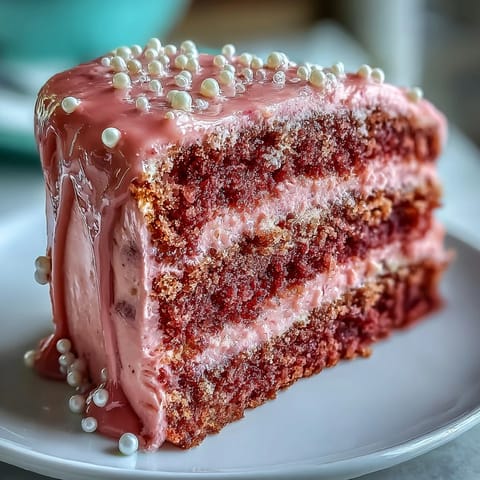 Elegant Bridal Shower Rosé Velvet Cake with shimmering gold drip and lush frosting.