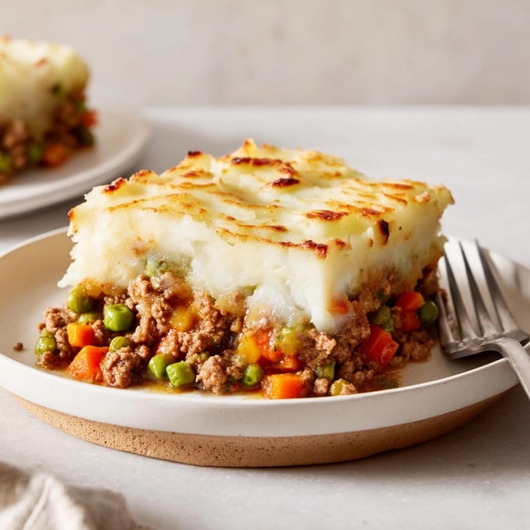 Savory rustic shepherds pie: ground lamb, vegetables, thyme, under creamy, cheesy mashed potatoes.