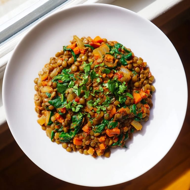 Flavorful Lentil and Spinach Curry—an aromatic, one-pot vegan dish, garnished with fresh cilantro.