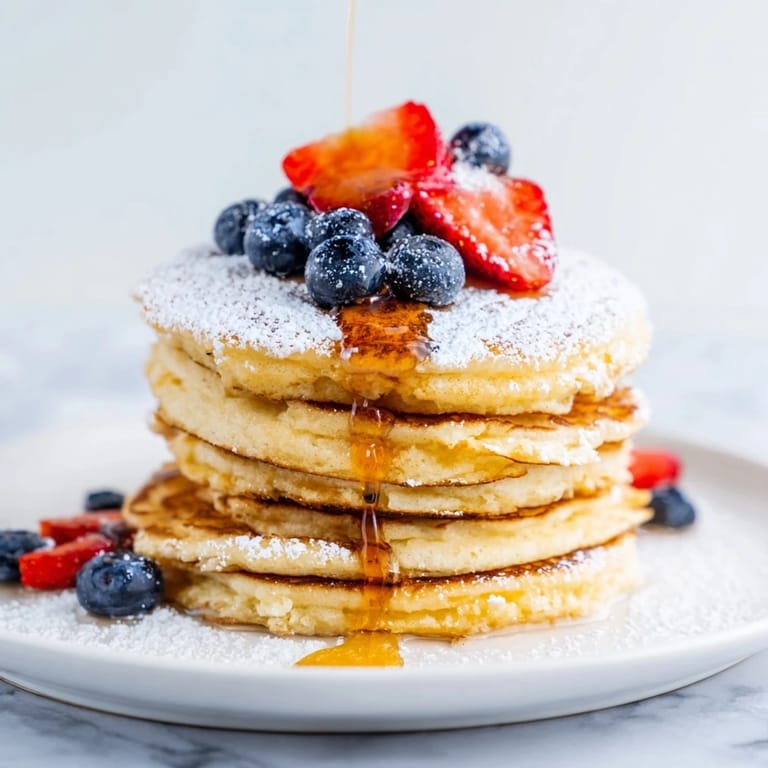Close-up of airy ricotta pancakes: light, golden, and delicious, perfect for a cozy breakfast setup.