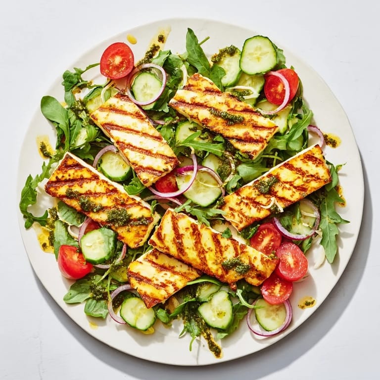 This plate of grilled halloumi and pesto features perfectly grilled cheese and garden-fresh vegetables.