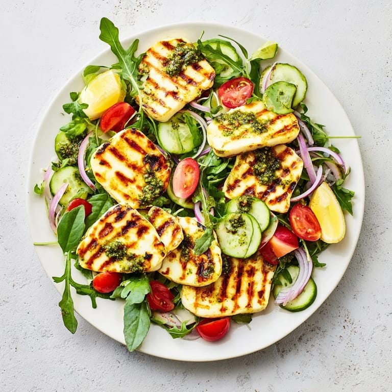 Enjoy the Mediterranean flavors of grilled halloumi and pesto, a delicious, light, summer meal.