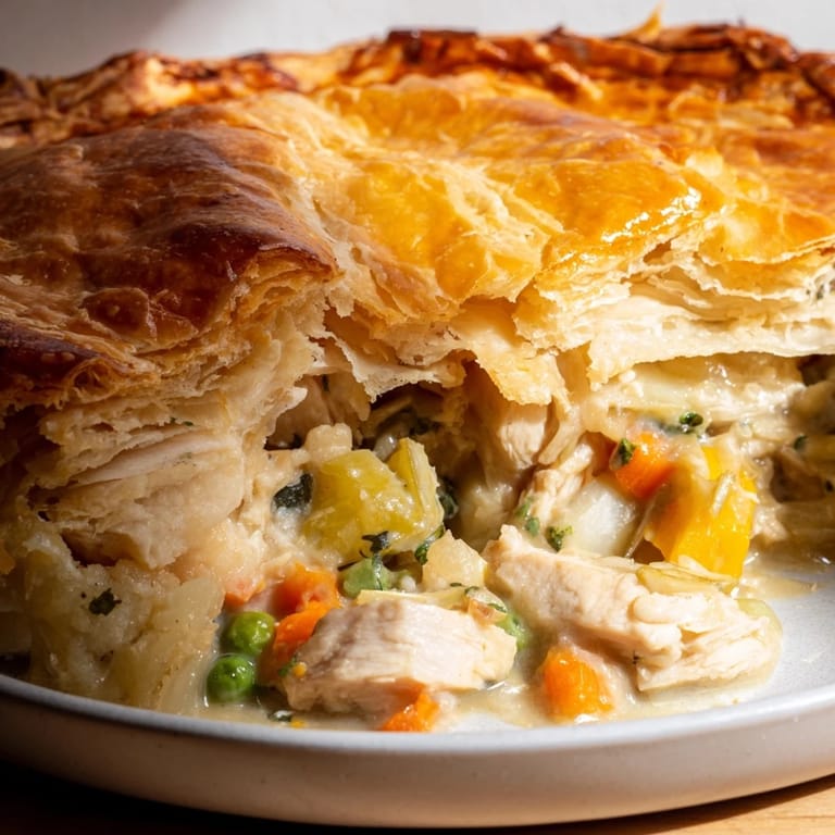 Steaming Laurel & Herb Chicken Pot Pie, showcasing a rustic, golden crust and tender chicken pieces.