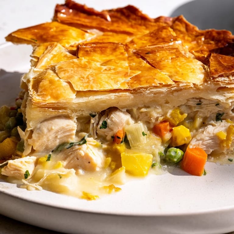 A close-up of a warm, comforting Laurel & Herb Chicken Pot Pie, with a beautifully browned crust.