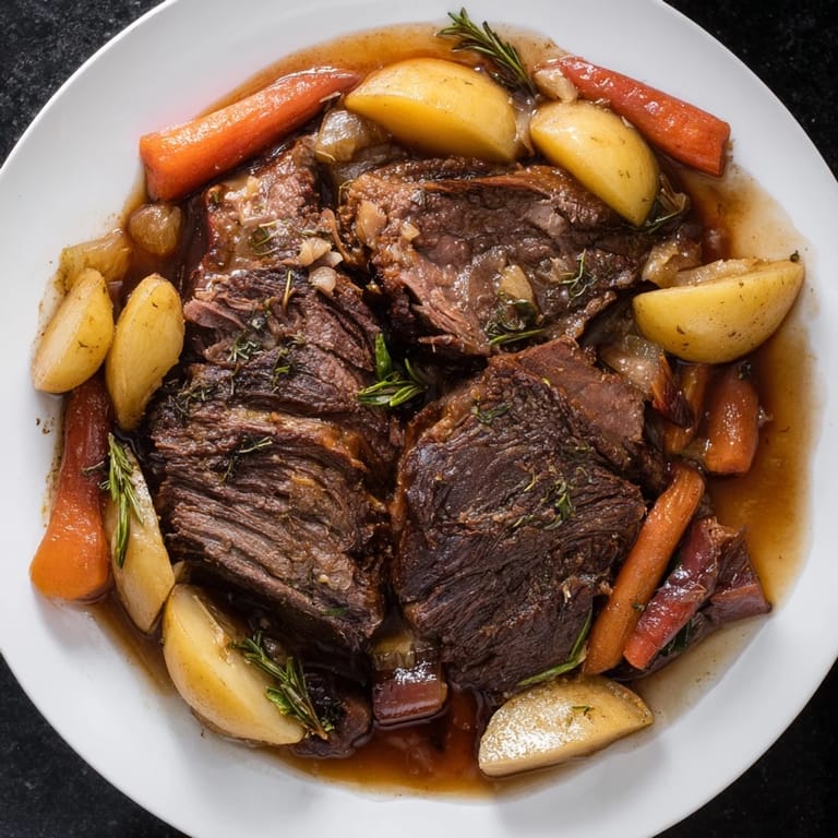 Hearty Everyday Family Favorite Pot Roast, perfectly cooked, a comforting meal with vegetables.