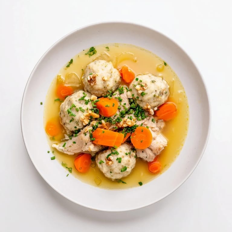 Close-up of golden dumplings and tender chicken in a bowl of Nut-Warm Homestyle Chicken and Dumplings.
