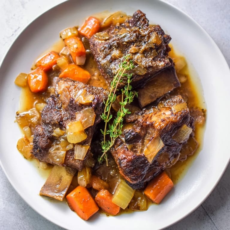 Golden One-Pot Amber-Glowed Beer-Braised Short Ribs, perfectly paired with a crusty bread.