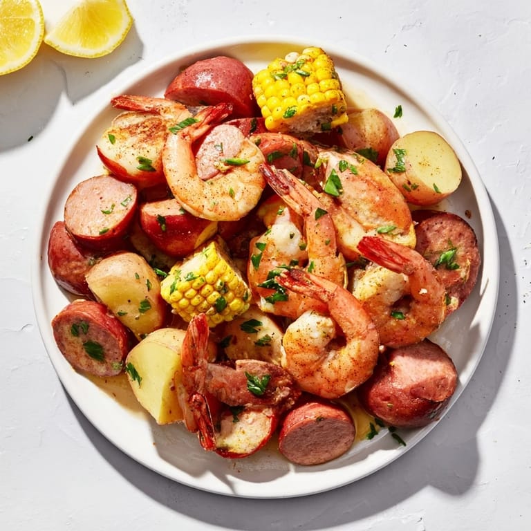 A close-up shot of the fragrant Seaside-Inspired Shrimp Boil in a Single Pot showcasing tender shrimp and corn.