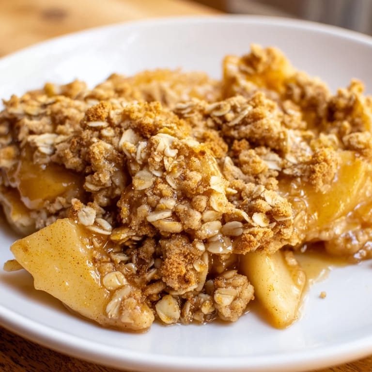 A close-up of a freshly baked spiced apple crisp, served warm with a scoop of vanilla ice cream.
