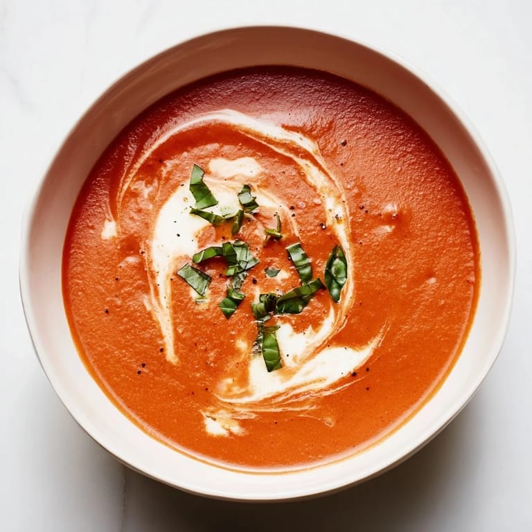 Enjoy a steaming bowl of homemade Whisked Weeknight Creamy Tomato and Basil Soup with crusty bread!