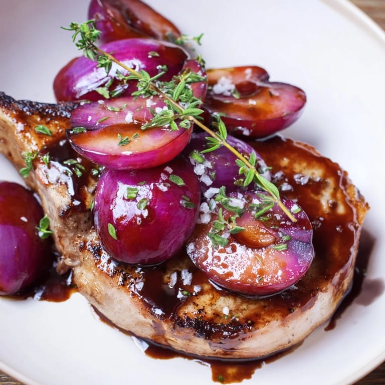 A close-up of a plate with Plum-Soft Pork Chops, showcasing tender meat and glistening balsamic glaze.