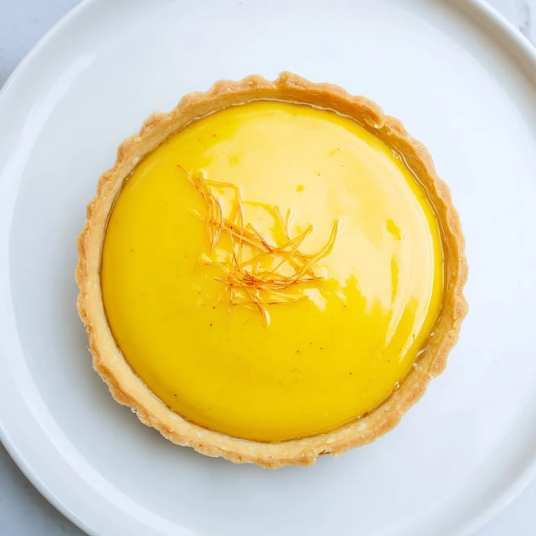 Luxurious soft golden home plate: saffron and vanilla custard tart, topped and ready to serve beautifully.