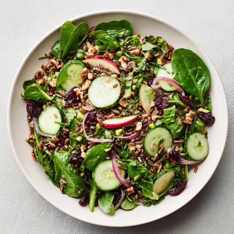 A colorful bowl of Light Forest-Inspired Wild Rice and Cranberry Salad, ready to be enjoyed as a refreshing meal.
