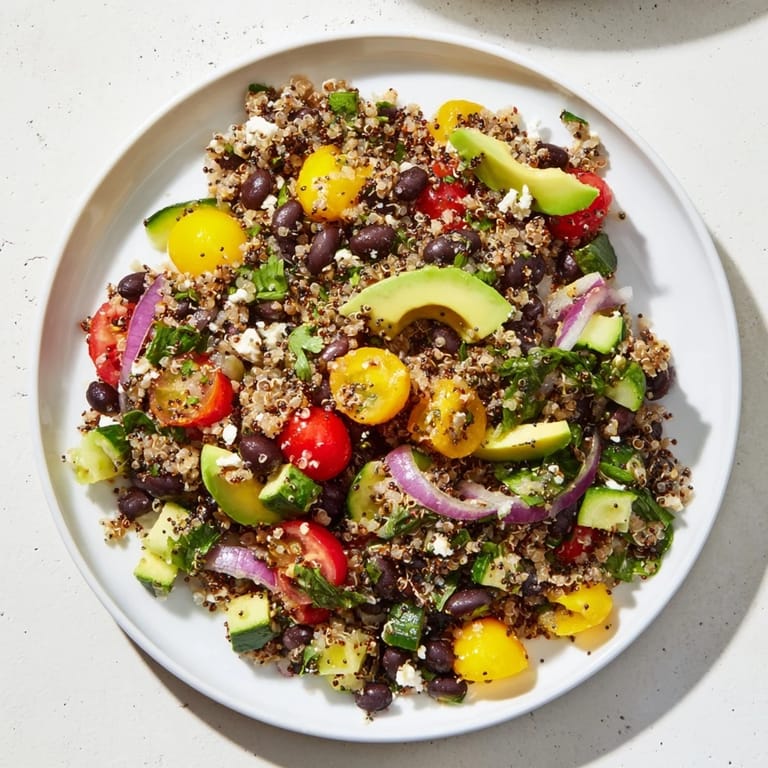 A bright bowl of Poppy-Bright Colorful Quinoa and Black Bean Salad, a satisfying vegetarian meal.