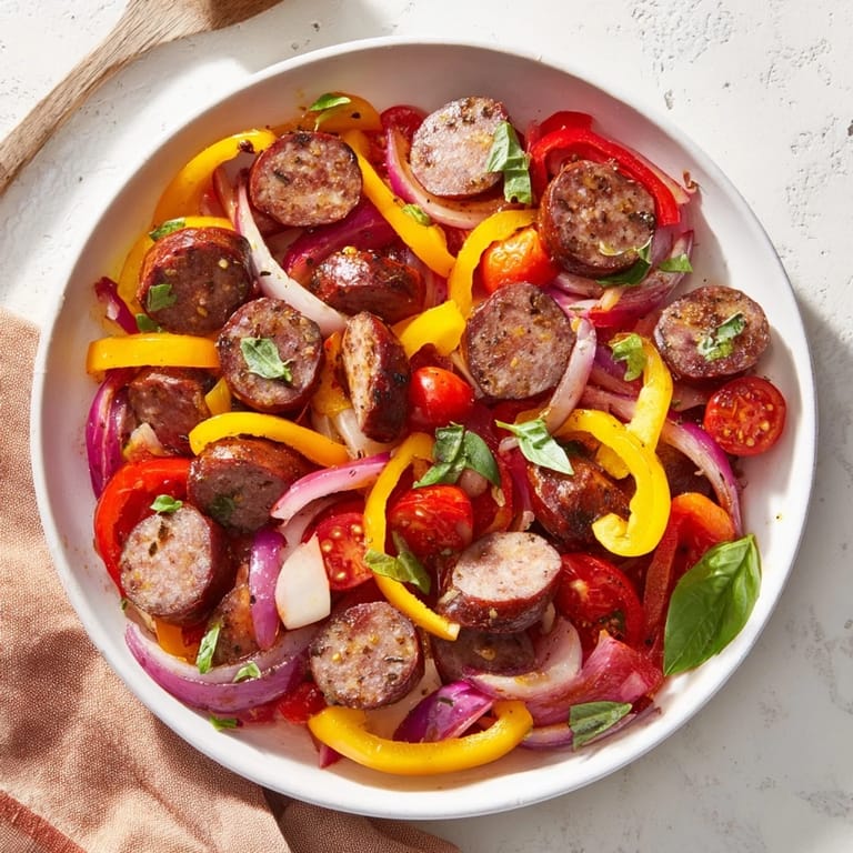 A flavorful skillet of Basil-Boosted Sausage and Pepper Supper, perfect for a cozy weeknight meal.