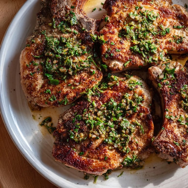 Enjoy a close-up showcasing perfectly seared Rustic Mint Weeknight Pan-Seared Lamb Chops drizzled with flavorful mint sauce.