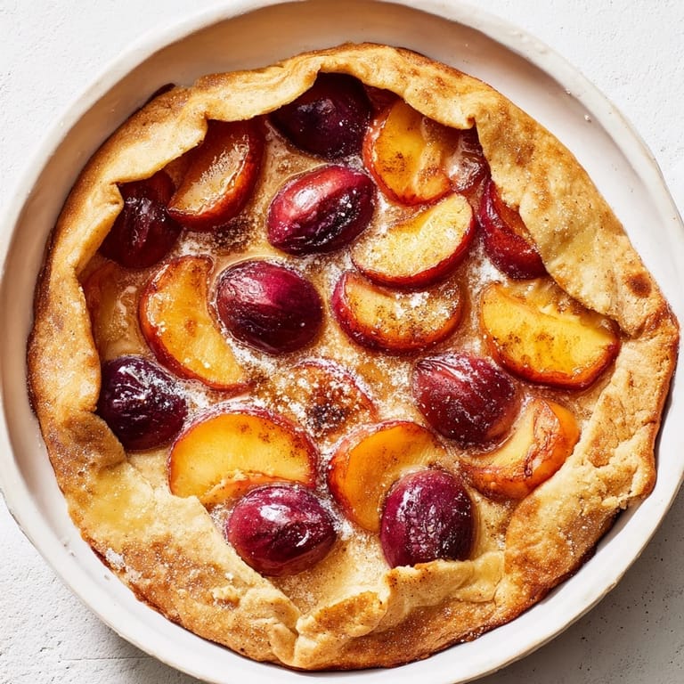 A rustic Honey and Plum Galette, with glistening fruit and a beautifully baked, crispy golden edge visible.