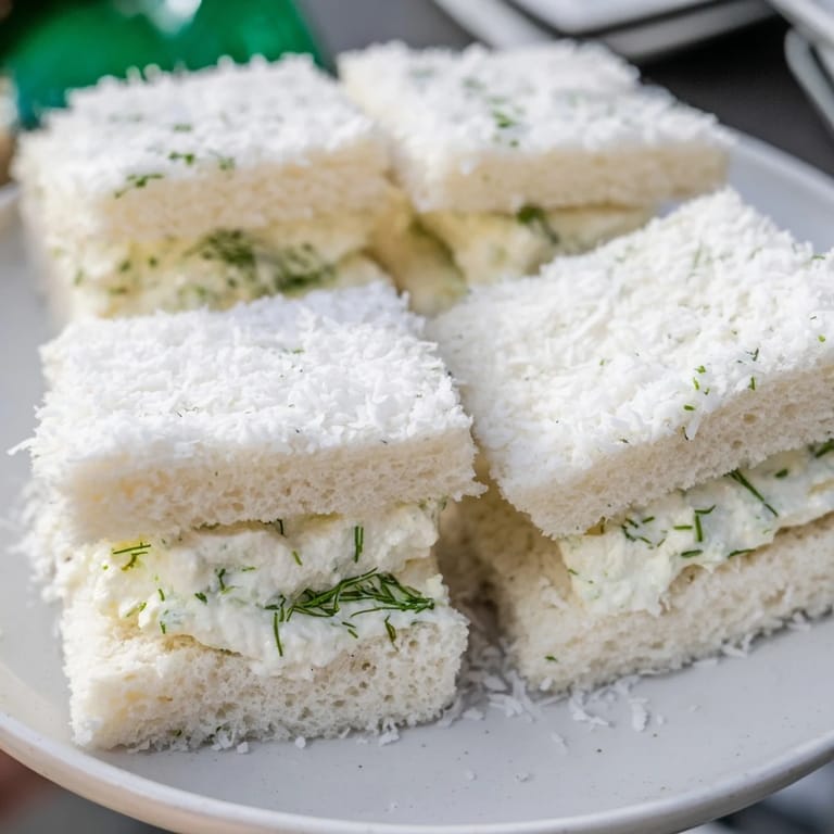 Creamy filling oozes from the center of charming, bite-sized Snowball Tea Sandwiches, ready to serve and enjoy.