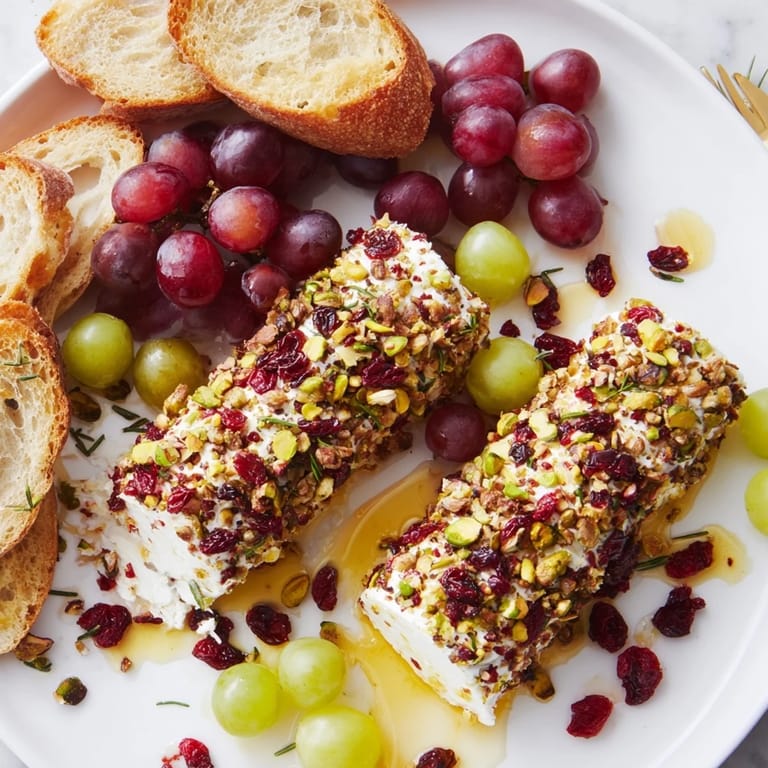 Close-up of a delightful cranberry goat cheese logs board, ready to serve with a variety of flavorful accompaniments.