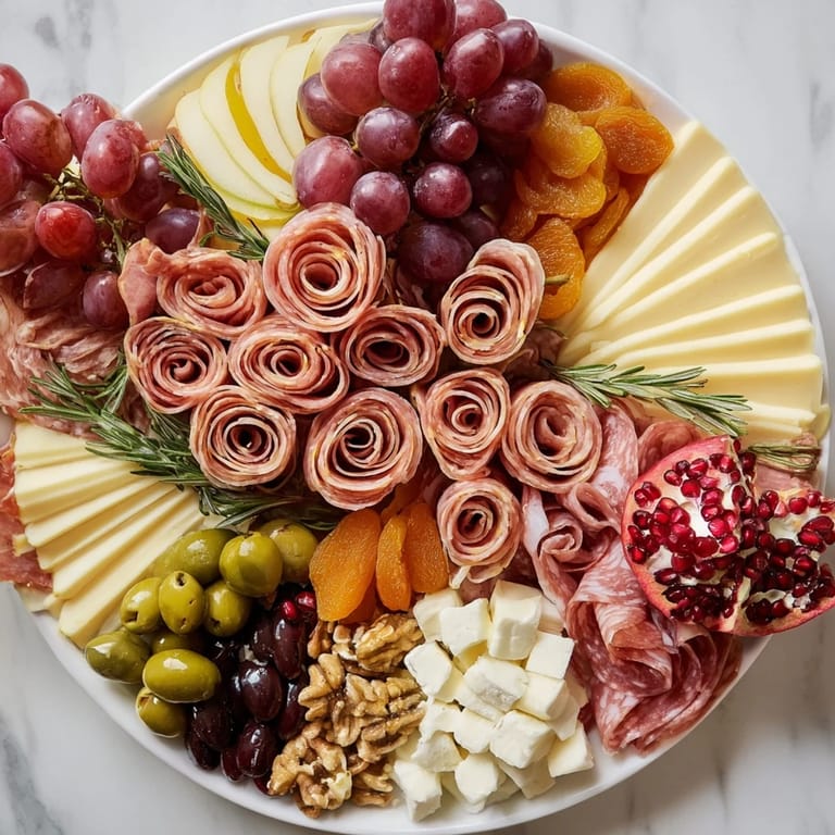 Festive charcuterie display: See this beautiful meat rose bouquet with fresh herbs and delicious appetizers.