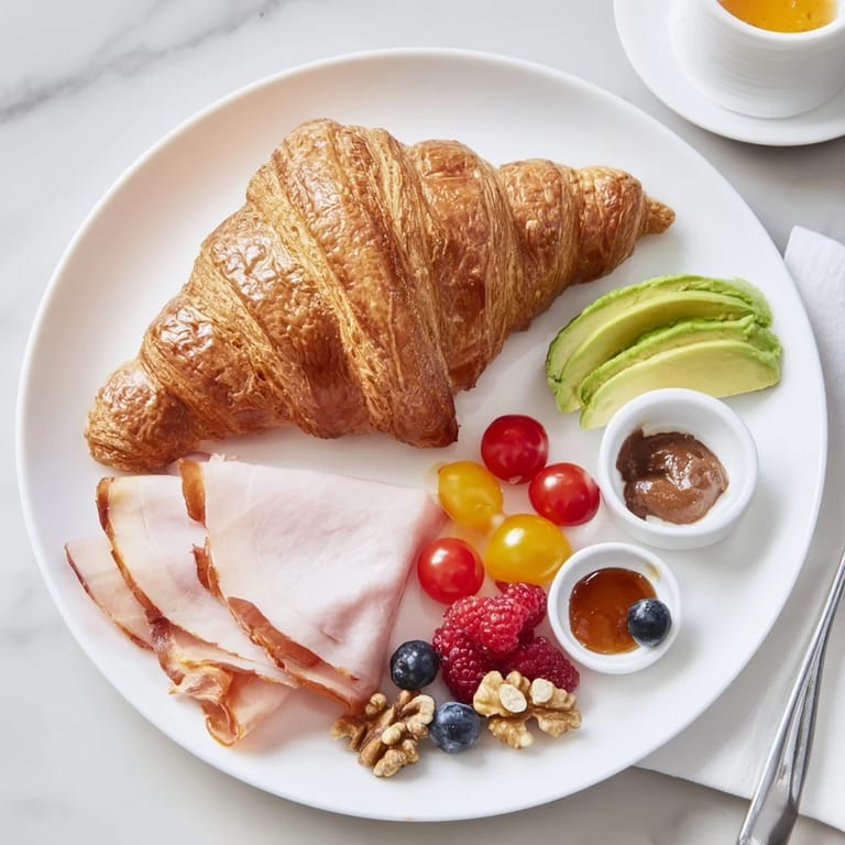 A beautifully arranged Cozy Fireplace Croissant Board ready to enjoy with a variety of delicious toppings.