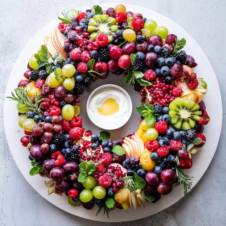 Fresh, juicy Winter Berry Wreath Fruit Board includes berries and fruits artfully arranged for the perfect party display.