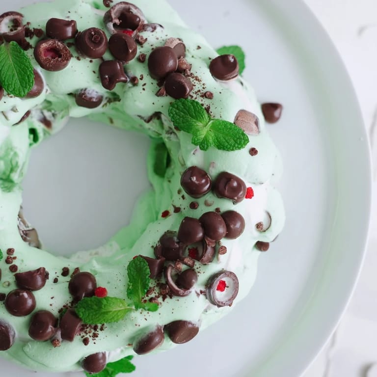 A vibrantly green Mint Chocolate Chip Dip Wreath decorated with festive red candies is ready to serve.