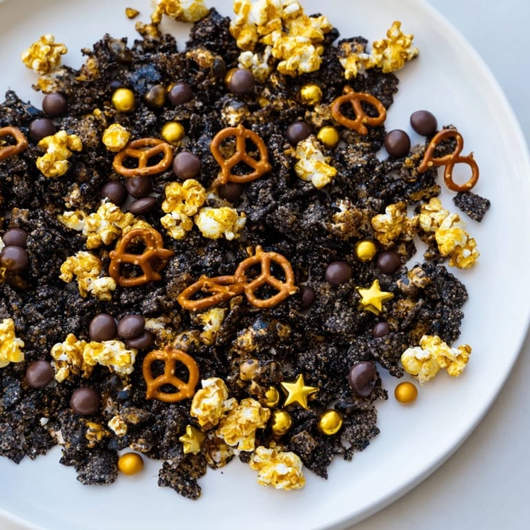 A close-up of a festive Gold and Black Midnight Snack Mix with golden sprinkles and dark chocolate.