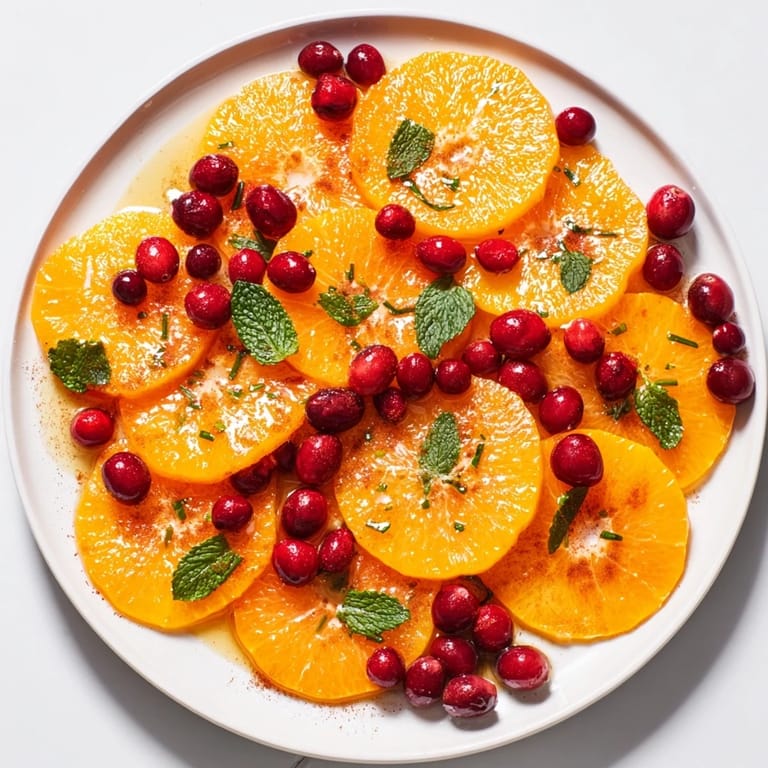Bright orange and red Winter Fruit salad, a beautiful arrangement of juicy oranges and tart cranberries.