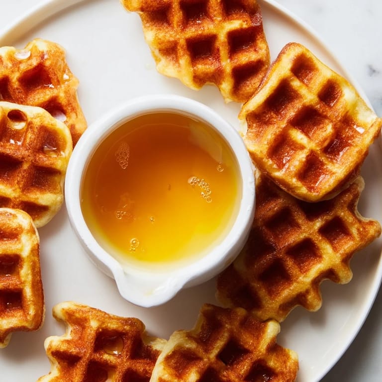 Sweet, golden-brown waffle quarters are ideal with a syrup dip, berries, and whipped cream.