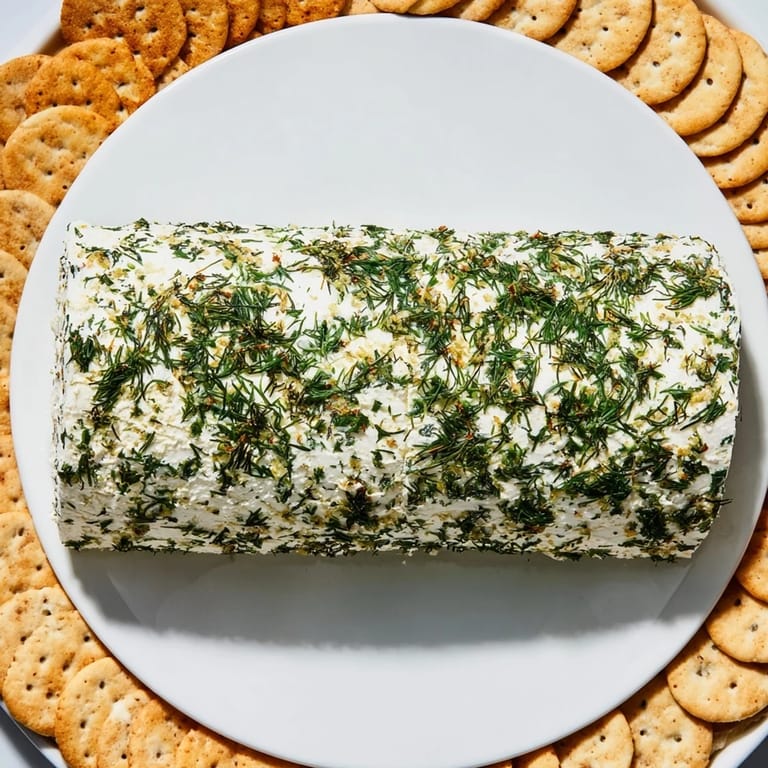 A close-up of the herb-coated cheese log shows its creamy texture, ready to be spread on crackers.