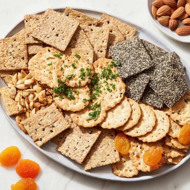 Crisp Gourmet crackers artistically fanned out; imagine the variety of textures and flavors ready for your cheese board.