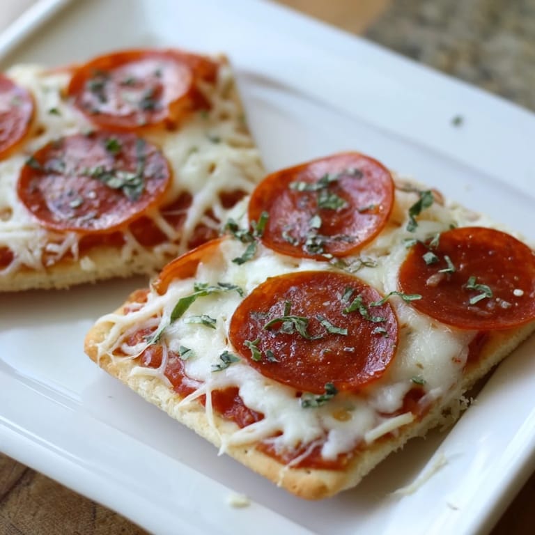 Golden, bubbly cheese tops these savory pepperoni bites; a quick appetizer on crackers.