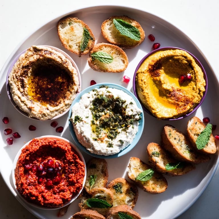 Delectable Moroccan Tile Mosaic, a medley of dips, marinated veggies, nuts, and olives attractively arranged.