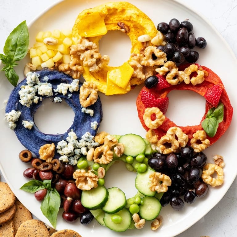 Colorful The Olympic Rings interlocking appetizer, featuring tomatoes and olives for a creative party snack.