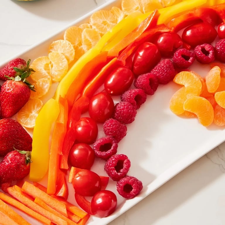 A beautiful Rainbow Pride Spectrum appetizer, filled with colorful ingredients, perfect for serving a crowd.