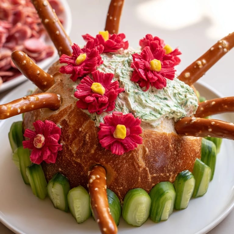 A delicious view of the Desert Cactus Bloom, with pretzel needles and colorful fruit leather flowers atop bread.