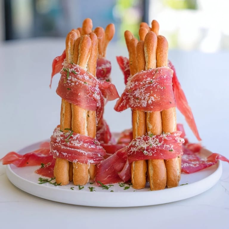 A visually appealing, delicious Golden Gate recipe, featuring prosciutto draped between breadstick structures.