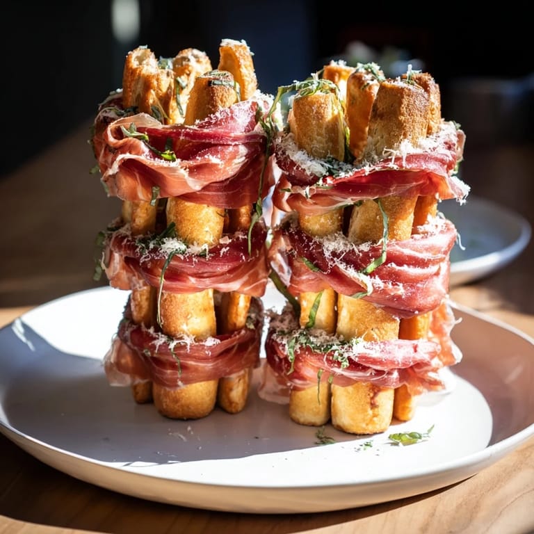 Enjoy flavorful Golden Gate appetizers, showcasing a creative bridge of prosciutto and crunchy breadsticks.