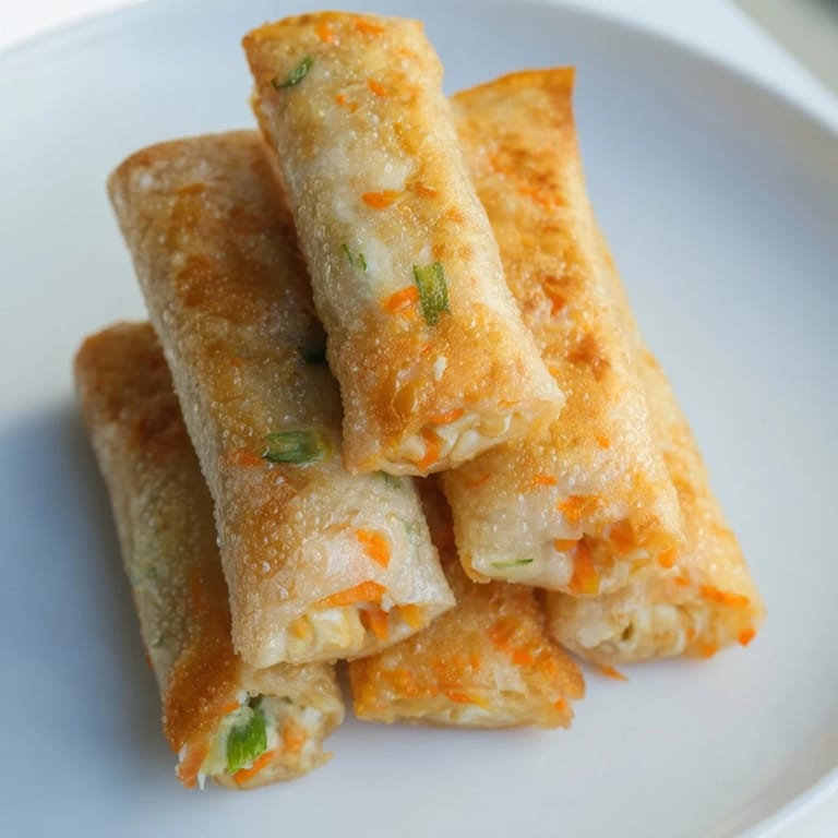 Freshly made air fryer chicken lumpia bites, served piping hot, ready for dipping sauce and eating.