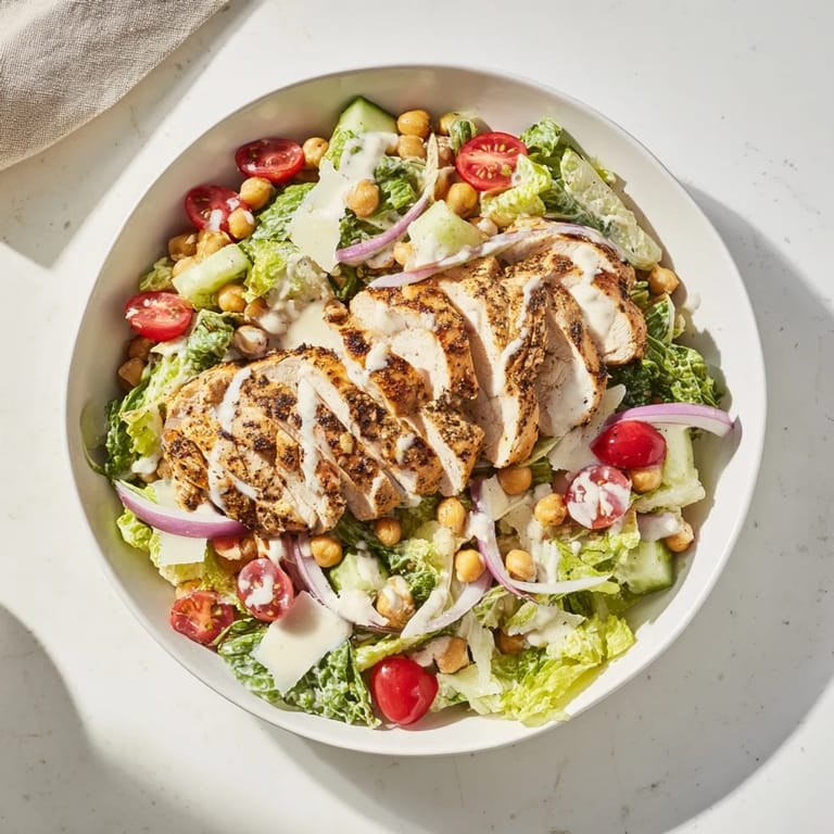 Close-up of a flavorful Chicken Caesar Pasta-less Bowl, loaded with cheese and fresh ingredients.